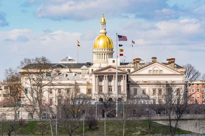 Capitol building with golden dome and several flags waving.