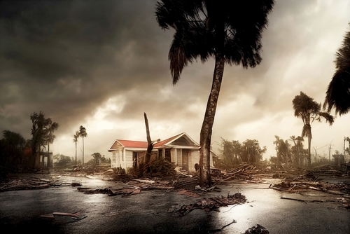 Damaged house with debris in stormy landscape.