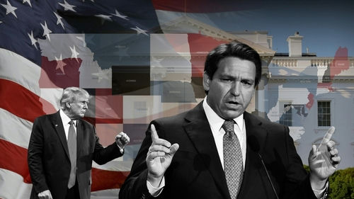 shutterstock2286408943-1jpg Donald Trump and Ron DeSantis with American flag background.