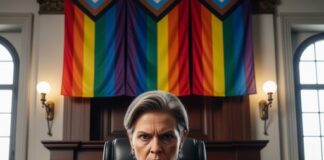 A female judge in a courtroom holding a gavel with rainbow flags in the background