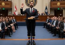 A man in a suit taking an oath with a rainbow sock visible