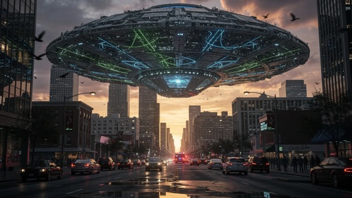 A large UFO hovering above a city street during sunset