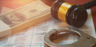 Handcuffs on fingerprint sheet with gavel and cash