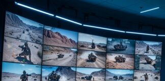 Military personnel monitoring operations from a command center with multiple screens