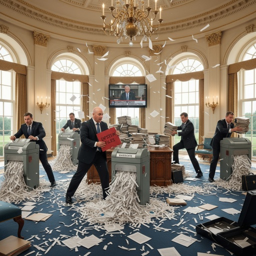 A chaotic office scene with multiple people shredding documents