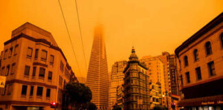 Orange sky above Transamerica Pyramid in San Francisco.