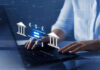 France Slams Polymarket: Illegal Gambling Person typing, banking and currency exchange symbols displayed.