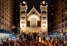 Large crowd of protesters gathered in front of a historic building at night