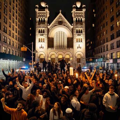 Large crowd of protesters gathered in front of a historic building at night