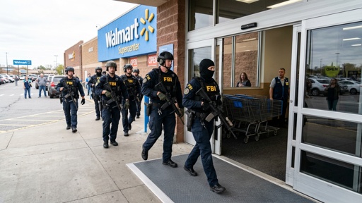 FBI agents in tactical gear entering a Walmart store