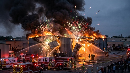 Firefighters battling a large industrial fire with explosions and smoke